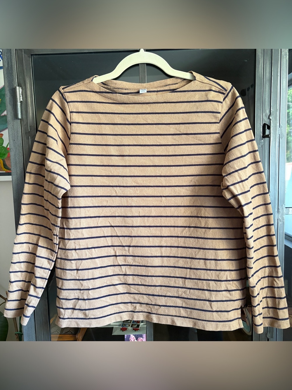 Uniqlo Tan Brown Navy Striped Boat Neck Long Sleeve Tee t-shirt top unisex